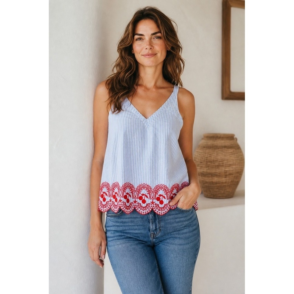 Crown & Ivy Tank Top Womens XL Blue White railroad Stripe V-Neck Seersucker boho